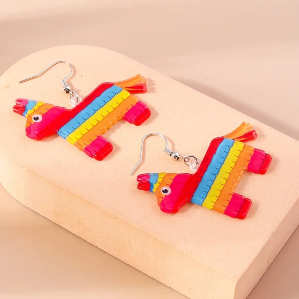 Colorful Festive Pinata Donkey Horse Fiesta Acrylic Earrings NEW - Picture 4 of 8